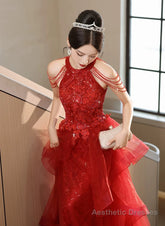 Chic Red Tulle Halter A-Line Long Evening Dress, Tulle Prom Dress Party Dress